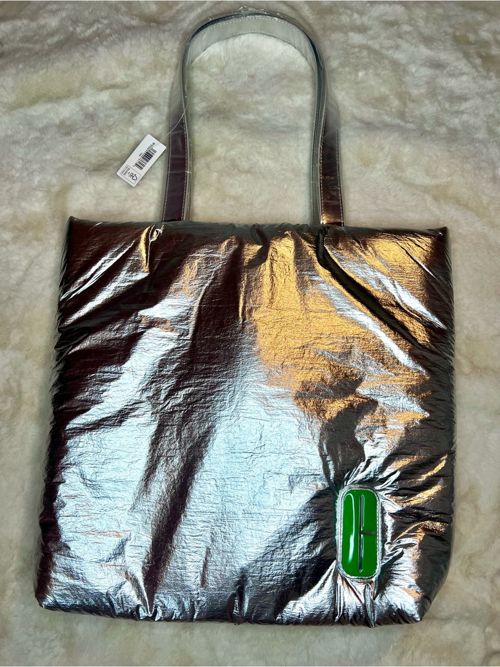 Y2K Metallic Limited Edition Clinique NWT Silver Puffer Tote Bag Green Logo